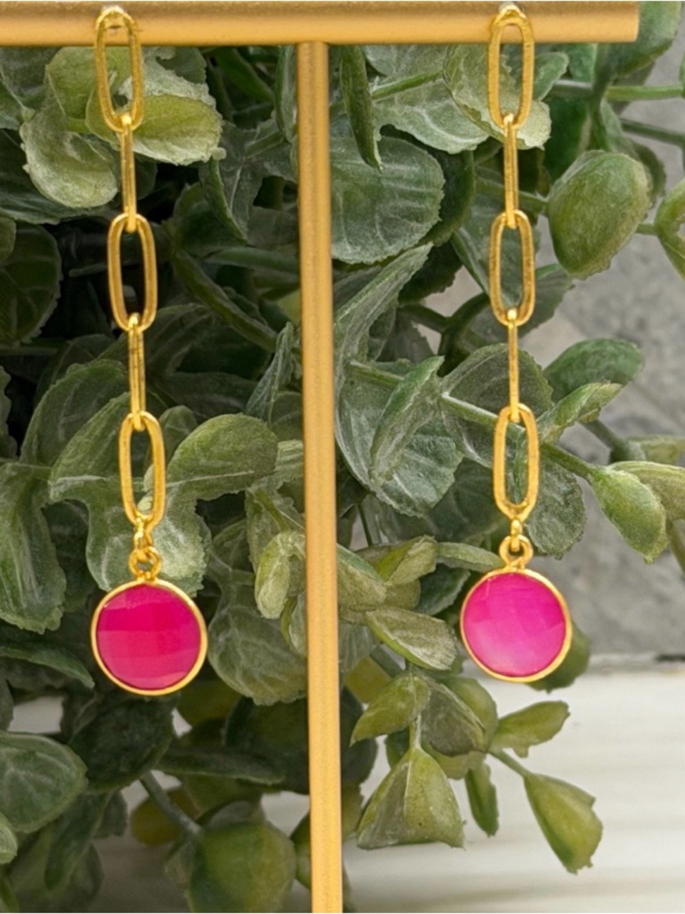 Gold Chain Drop Earrings with Hot Pink Quartz Stone